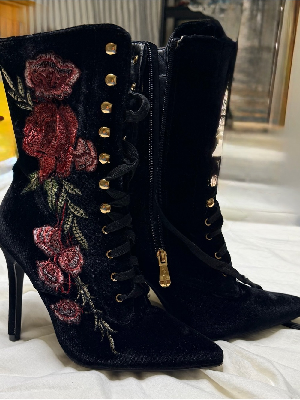 Cape Robbin Black Velvet Lace-Up Heeled Boots with Red Rose Embroidery - Picture 3 of 4